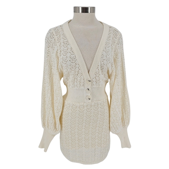 Solai Sweater Dress Ivory Sheer Top Long Sleeve Button V Neck Crochet Sheath M/L - Picture 1 of 8